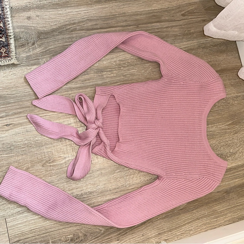 Pink Ribbed Knit Tie-Front Top - Picture 3 of 4